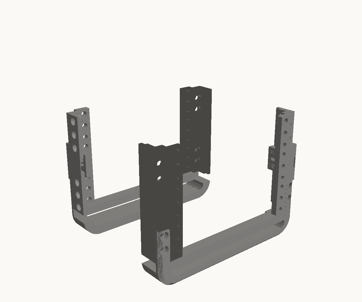 Step 1: Bolt a bottom bar across each pair of posts. The parts for this step are drawn dark; what is already in place is drawn light.
