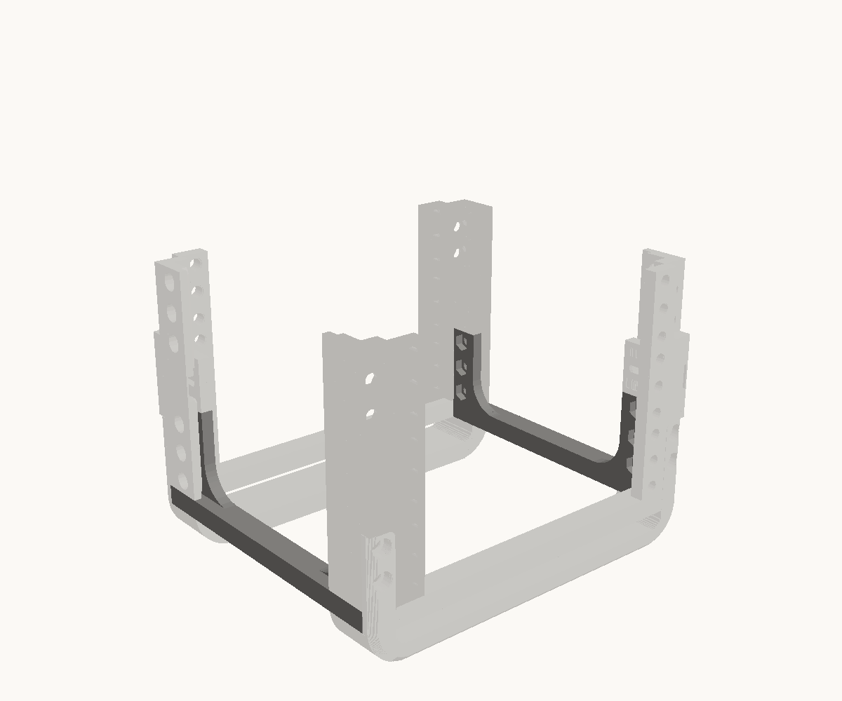 Step 2: Join the two with the side rails. The parts for this step are drawn dark; what is already in place is drawn light.