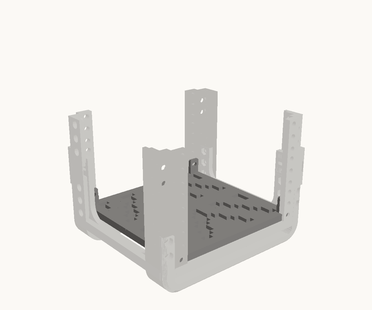Step 3: Lay the base in and bolt it up into the posts. The parts for this step are drawn dark; what is already in place is drawn light.