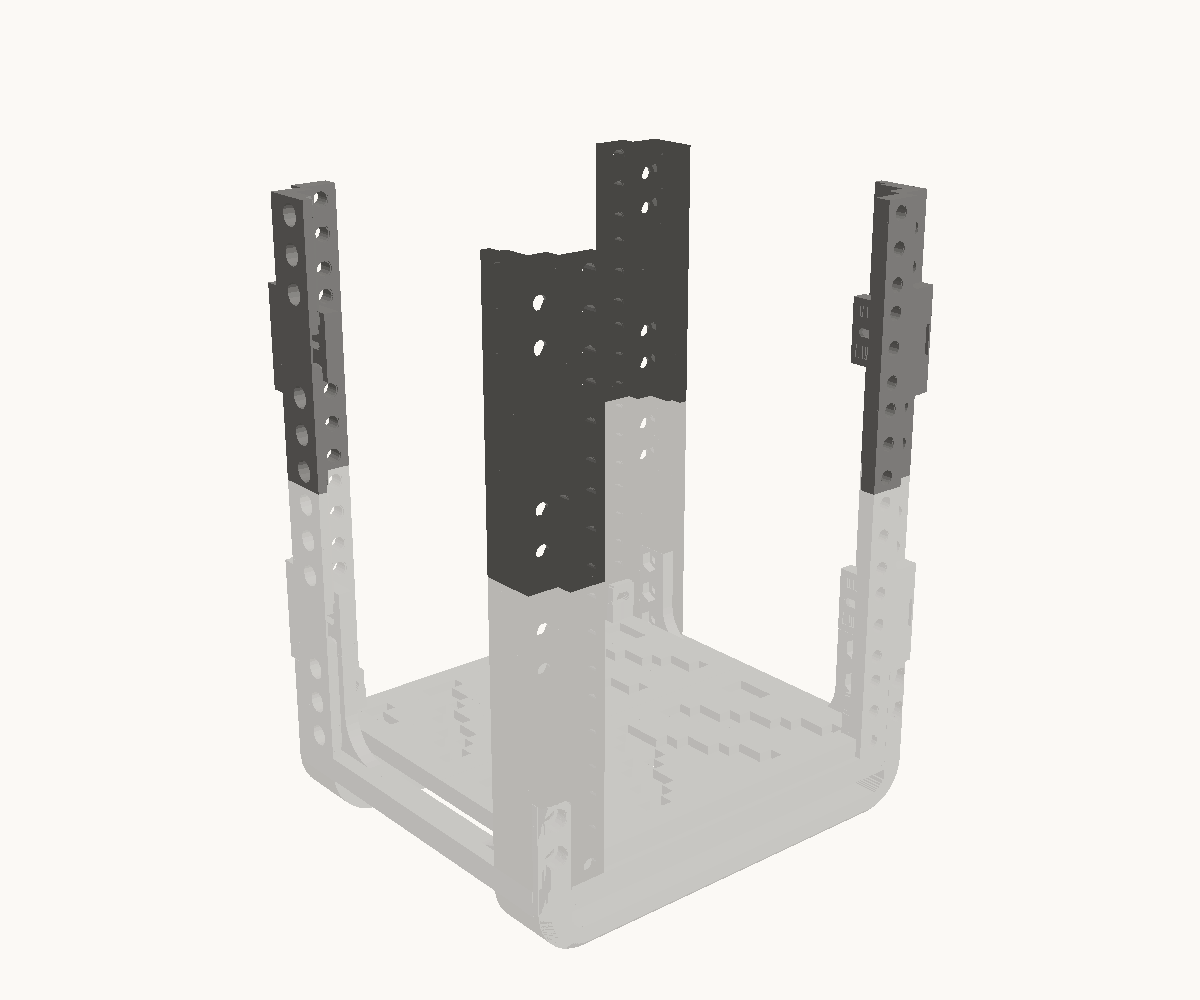 Step 1: Take the top bars off and stand a post on each post. The parts for this step are drawn dark; what is already in place is drawn light.