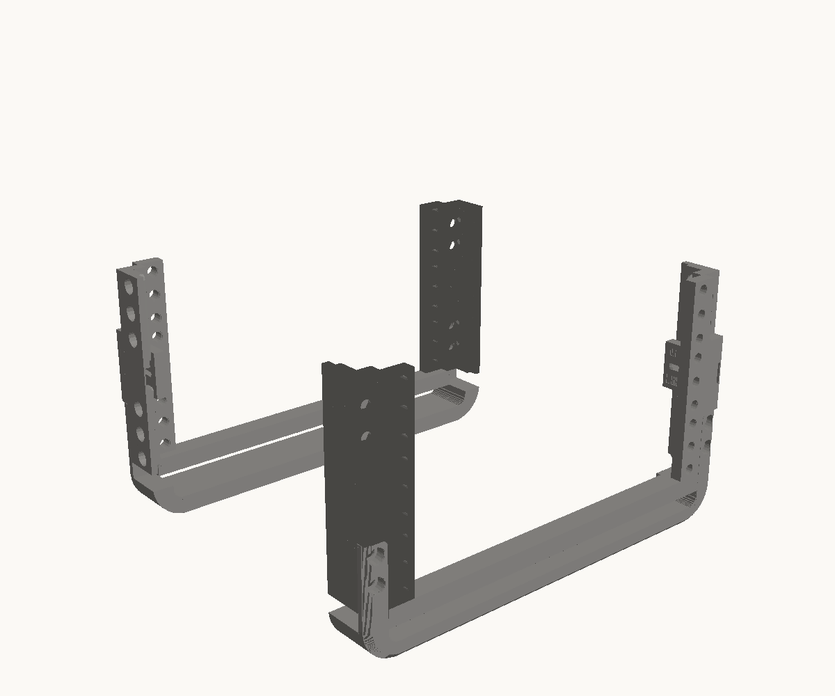 Step 1: Bolt a bottom bar across each pair of posts. The parts for this step are drawn dark; what is already in place is drawn light.