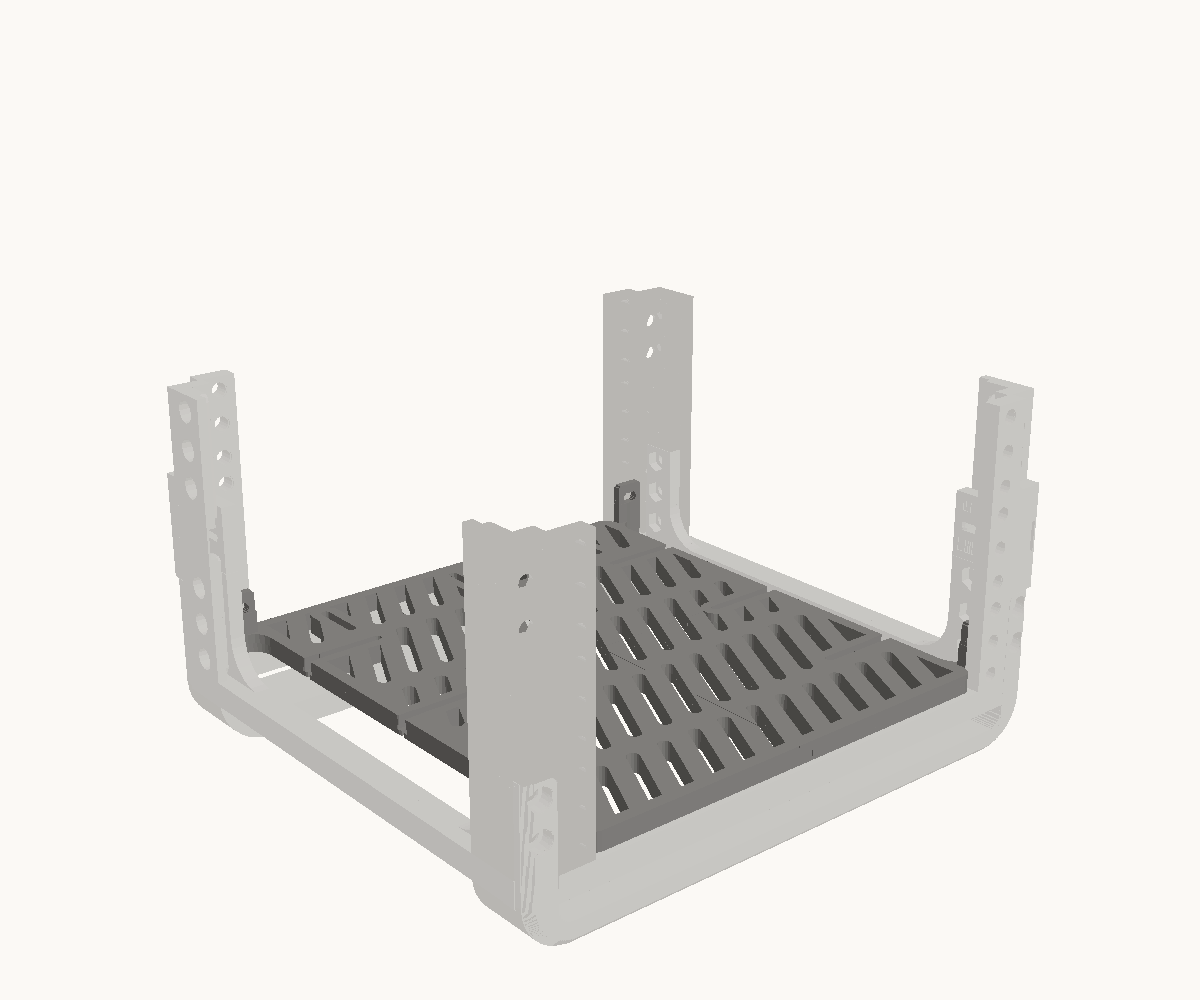 Step 3: Lay the base in and bolt it up into the posts. The parts for this step are drawn dark; what is already in place is drawn light.