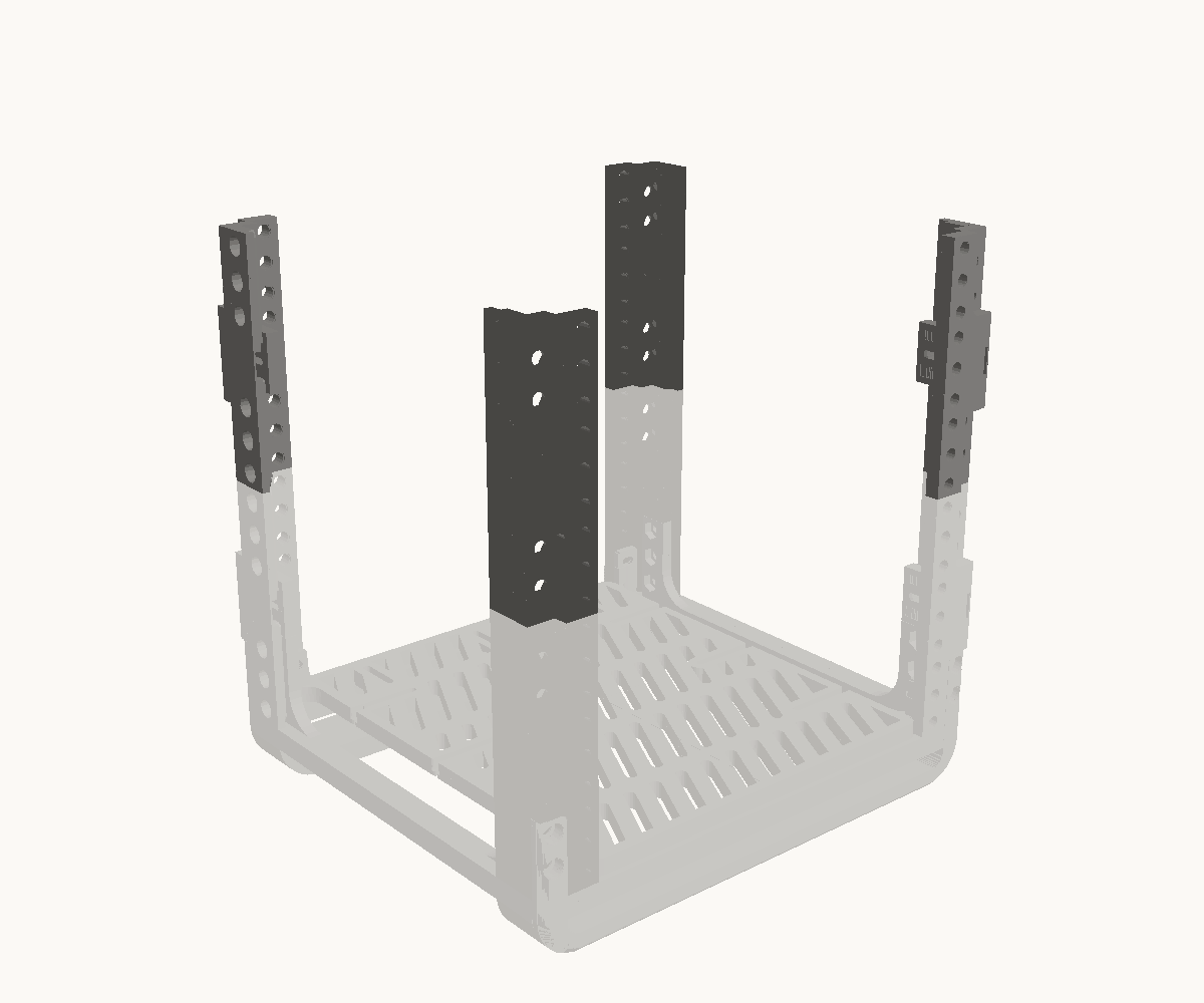 Step 1: Take the top bars off and stand a post on each post. The parts for this step are drawn dark; what is already in place is drawn light.